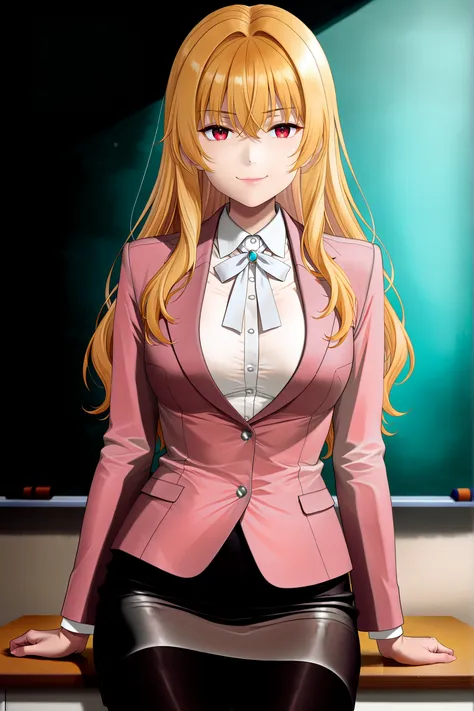 animescreencap ,yue(arifureta), 1girl, blonde hair, solo, long hair, bangs, hair ,red eyes, adult style  ,school teacher ,pink blazer,,buttoned blazer,pencil skirt ,black skirt, white blouse ,pantyhose ,white neck ribbon ,  serious smile face ,closed mouth...