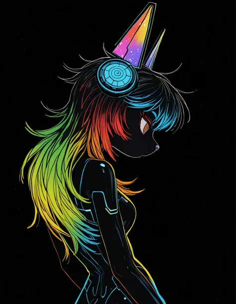 deppa, jaggy lines, hatching (texture), ringed eyes, cartoon,, furry girl, anthro, facing sideways, elegant pose, silhouette body, (glossy black fur), (neon outlines), (flat lighting), exploding fractals, liquid neon paint, splash effect, rainbow iridescen...