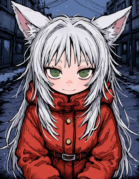 deppa, jaggy lines, hatching (texture), ringed eyes, cartoon,, anime, solo, BREAK, young fox girl, skinny and frail, (petite,cute:0.5), green eyes, looking at viewer, long hair, white hair, smile, winter clothes, outdoors, winte