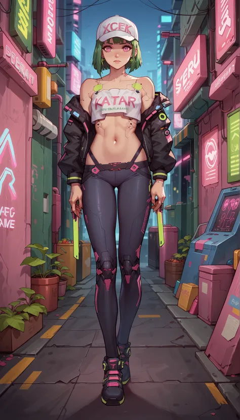 Masterpiece, the best quality, high quality, ultra detailed, master-piece, hyper quality, hyper detailed, perfect drawing, excellent and accurate human body anatomy, sexy body figure, slim figure, 1 female, pink eyes, short green hair (with white cap), wea...