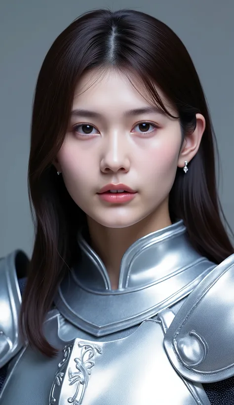 neat young woman wearing luxurious silver armor、、female knight、、漆黒の髪、、ear piercings、looking at camera、looking directly in front、、口を閉じている、への字口、、、face close-up、grey background、