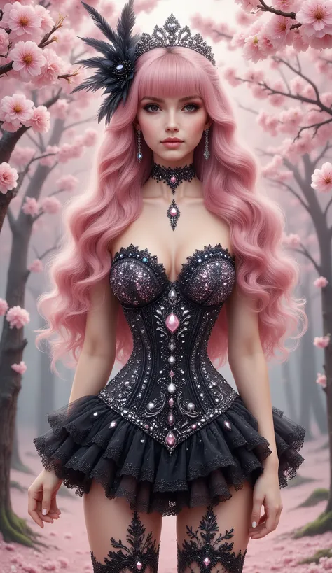 A young woman with long, flowing pink hair stands in a dreamy forest of cherry blossoms. She wears an elaborate black corset with silver and pink embellishments, a ruffled black mini-skirt, and sheer black thigh-high stockings adorned with intricate lace a...