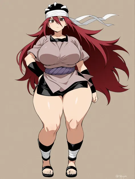 1girl, solo, tayuya, red hair, long hair, brown eyes,,tunic,black arm warmers, black shorts,,sandals, bandages,thick thighs, wide hips, big breasts,,