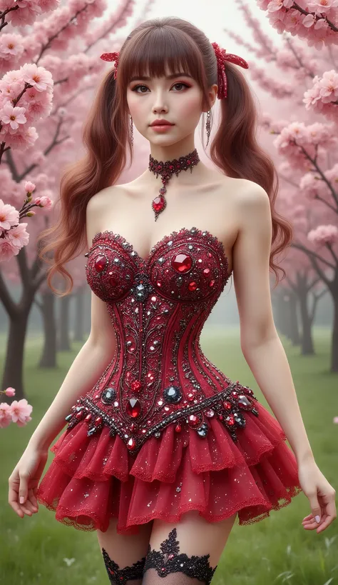 A young woman with reddish-brown hair styled in twintails and bangs stands amidst a vibrant cherry blossom garden. She wears a striking red strapless corset, adorned with intricate silver filigree and striking red gemstones, paired with a layered red minis...