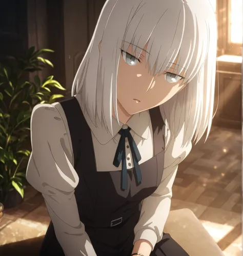 ufotable style ,masterpiece,best quality,good quality,newest, 8k, , from above,
indoors ,((cinematic light, sunlight, backlight)), (sitting ), (plant ,detailed background, mansion),parted lips, , 
expressionless,
looking at viewer, head tilt, bracelet,  ,(...