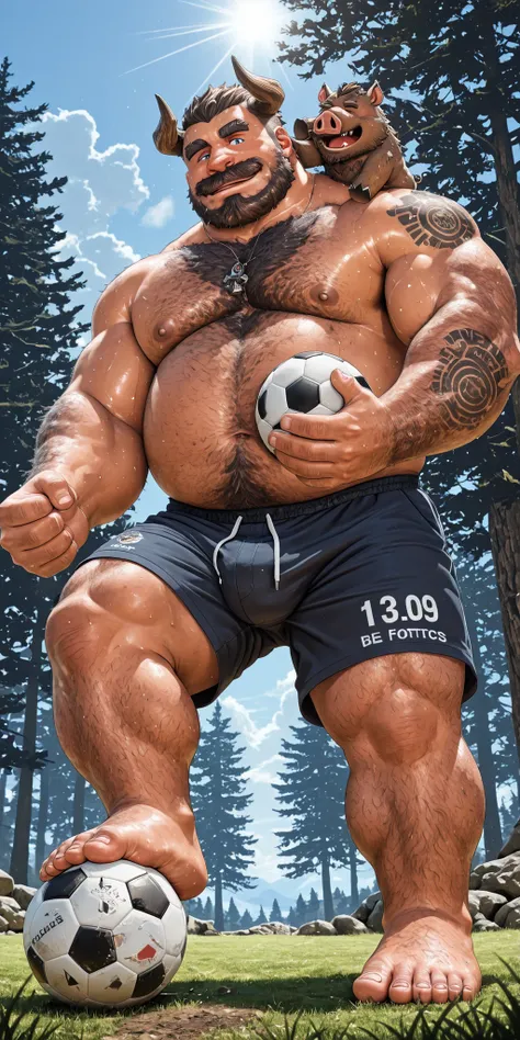 hairy black male,hairy, Boar pig, has horns，gordo,  thick arms， strong muscles ，Fat face ， Black eyebrows，sky blue eyes，beard， ironic smile ,        chest and belly， Sunlight , He wears black shorts, arms have Maori tattoos, on one hand he holds a back,  s...
