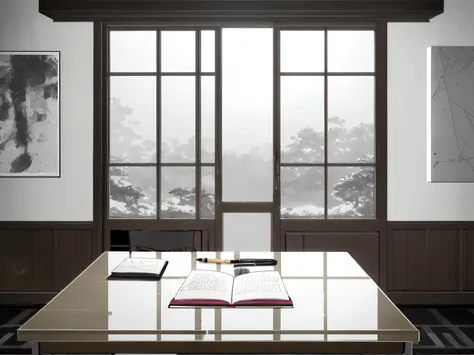 wrapped in soft light like a thin morning fog。A desk where an open notebook and a slender fountain pen are quietly placed、The light is softly reflected on the pages。An atmosphere that is meditative and makes the mind ready。Minimal、Serenity、Pale colors。Comp...