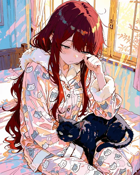 masterpiece, best quality, ultra-detailed, perfect anatomy, 
748cmstyle, 
gray eyes, dark red hair, long hair, thin, 
anime style cozy morning bedroom scene, a person sitting on the edge of the bed, rubbing sleepy eyes, wearing gray cat-patterned pajamas, ...