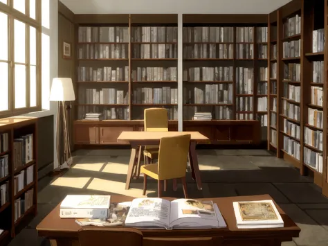 A desk filled with various manga books stacked casually, some opened to show detailed black, sharp line art, others featuring soft watercolor-style pages. A warm reading lamp casts a gentle glow. A nostalgic atmosphere of growth and discovery. A cup of cof...