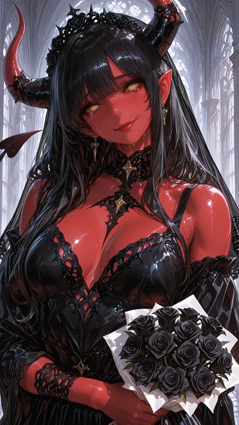 masterpiece, best quality, realistic skin detail, subsurface scattering, detailed face, detailed hair, anime semi-realism, detailed composition, subtle pores, realistic skin texture,1girl, dispatchmalevola, muscular, muscular female, colored skin, red skin...