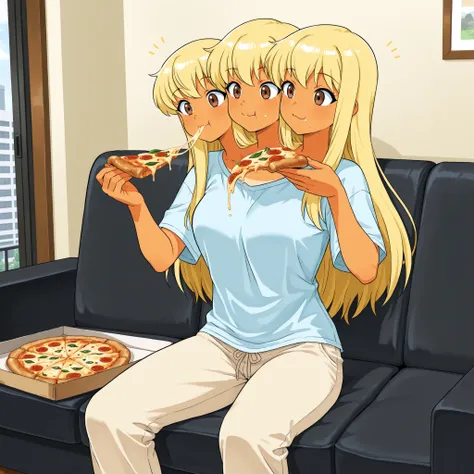 conjoined, anime girl with three heads, long blond hair, tan skin, brown eyes, light blue t-shirt, tan pants, sitting on an apartment living room couch, eating pizza, happy with herself, stack of pizza boxes nearby