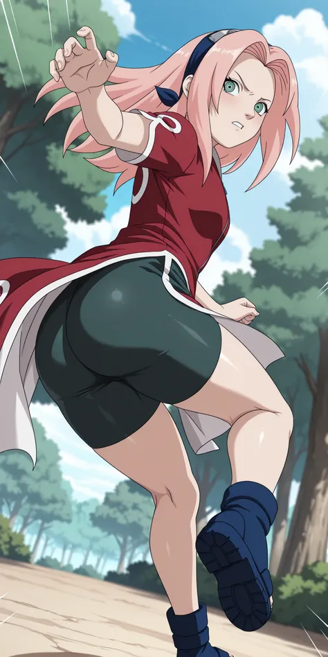 ultra_detailed, source_anime, anime screencap, fake screenshot, best quality, (small breasts:1.3), 1girl, solo, ((haruno sakura, pink hair, long hair, red shirt, red qipao dress, short sleeves, dark green shorts, green eyes, blue footwear)), masterpiece,be...