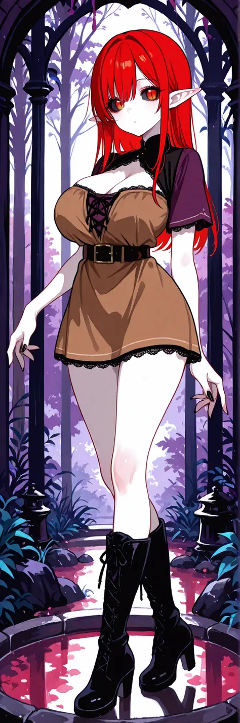 1girl,
score_9, absurdres,

from_front, full_body,

well_proportioned, voluptuous, cleavage, big_breast, pale_skin,

brown_tunic, short_sleeves, lace_up, belt, black_heel_mini_boots,

eye_bags, ruby_eyes, black_sclera, narrow_eyes, lower_eyelashes,
red_hai...