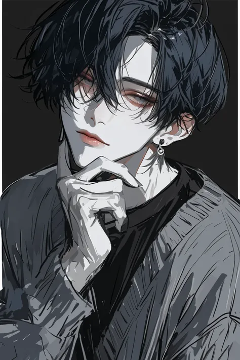 Impasto, short hair, masterpiece, top quality , 1 person , black hair with a gray inner color , perfect face , , handsome man , Alone, Blue and white skin , Adult Male , upper body with clear contours , delicate line art, front and side vie...