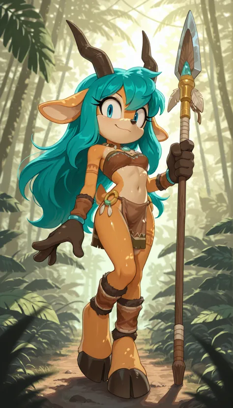 masterpiece, best quality, amazing quality, very aesthetic, high resolution, ultra-detailed, absurdres, newest, scenery, furry, anthro, sonic \(series\), {1girl, solo, furry girl, gazelle, gazelle ears, gazelle horns, cyan eyes, cyan hair, messy spiky bang...