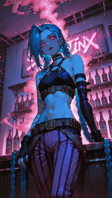 1girl, jinx, jinx, u u zan, Masterpiece, amazing quality, 8k, ultra detailed, refined details, chill, high resolution, HD, masterwork, digital illustration, 7481llu, LDSCH, dynamic pose, glowing eyes, dynamic angle, crisp outlines, vibrant colors, soft sha...