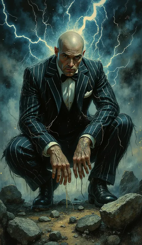 JoFote style. A striking digital illustration of a muscular bald man in a black-and-white striped classic suit squatting on a rocky terrain against a backdrop of striking lightning. The man looks about twenty-five years old, he has a determined expression ...