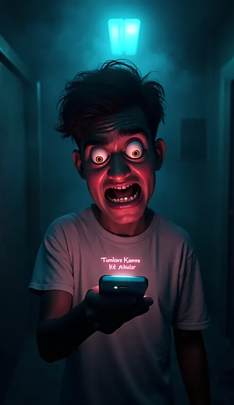 3D cartoon horror style, phone screen glowing with text "Location: Tumhare Kamre ke Andar", terrified young man in cartoon horror style, dark room, thick fog, glowing neon highlights, exaggerated horror expressions, dramatic spotlight, cinematic 3D composi...