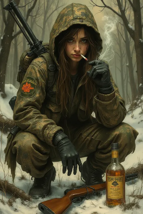 dr4v0sk, 1 girl, forest hunter, lettering on clothes, earflaps, camouflage jumpsuit with hood, Slav squatting, gun on the ground, bottle of vodka, cigarette in mouth, weapon, detailed study, digital illustration, smoking, smug expression, hunting story, sq...