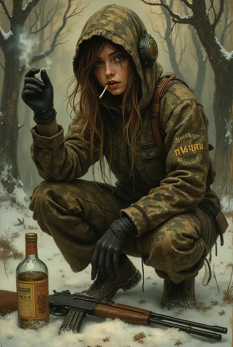 dr4v0sk, 1 girl, forest hunter, lettering on clothes, earflaps, camouflage jumpsuit with hood, Slav squatting, gun on the ground, bottle of vodka, cigarette in mouth, weapon, detailed study, digital illustration, smoking, smug expression, hunting story, sq...