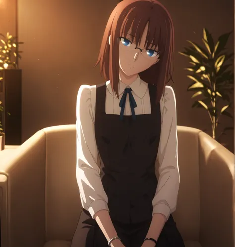ufotable style ,masterpiece,best quality,good quality,newest, 8k, , from above,
indoors ,((cinematic light, sunlight, backlight)), (sitting ), (plant ,detailed background, luxury hotel room),, , 
expressionless, ,
looking at viewer, ((head tilt)), bracelet...