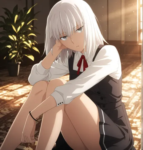 ufotable style ,masterpiece,best quality,good quality,newest, 8k, , from above, from side,
indoors ,((cinematic light, sunlight, backlight)), (sitting ), (plant ,detailed background, mansion),parted lips, , 
expressionless, 
looking at viewer, head tilt, b...