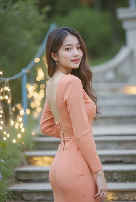 hyperrealistic 8K morning view portrait。 on the illuminated outdoor staircase Young woman standing。 use the exact same face as the reference photo、100 facial skeletal parts％Match。 Natural Skin Texture、soft nightmakeup、 clear eyebrows 、Warm blush、glossy nat...