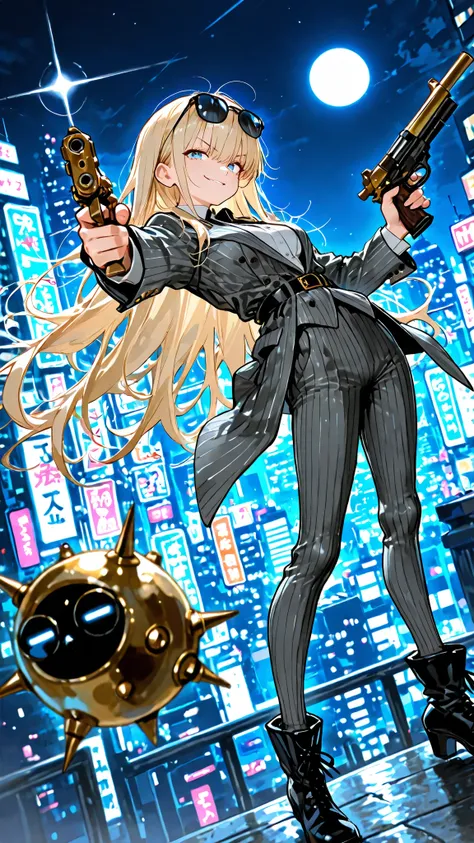 (perfect fine hands with only five fingers for hand),unholy-aesthetic , unholy-detailing , masterpiece , best quality , high quality , newest , highres , 8K , HDR , absurdres , 1 girl, bounty hunter, wear a elegant grey pinstripe suit, ignores the rules a...