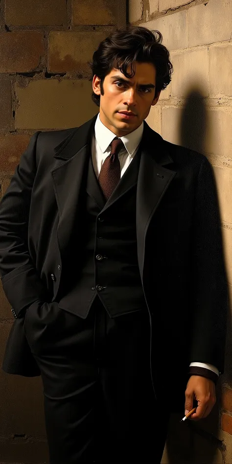 Baroque oil painting by Caravaggio circa 1600,Baroque oil painting by Caravaggio circa 1600,masterpiece, best quality, ultra detailed, intricate detail, an intimidating man in a perfectly tailored dark three-piece suit, sharp expression, menacing eyes, lea...