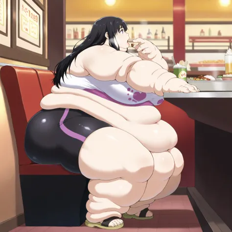 Naoka Ueno (character), Naoka (older appearance), long hair, 1girl, solo, black hair, long hair, purple eyes, tube top, midriff, bike shorts, sandals,, breasts, fat, chubby, obese, fat neck, multiple chins, big breasts open mouth, out of breath, Larger fem...