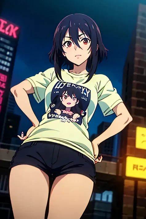 (highest quality, 8k, High resolution, masterpiece:1.2), (anime coloring:1.2), Hyper Detail, Brown eye, Black Hair, Hair between the eyes, Medium Hair, 1 girl, Perfect Face, eye_Light_big, Small medium breast, Soft impression, alone, (T-shirt, shorts, thig...