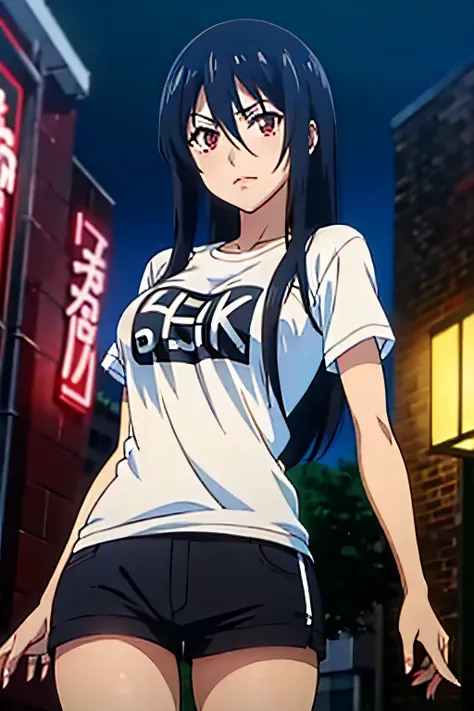 (highest quality, 8k, High resolution, masterpiece:1.2), (anime coloring:1.2), Hyper Detail, Brown eye, Black Hair, Hair between the eyes, Medium Hair, 1 girl, Perfect Face, eye_Light_big, Small medium breast, Soft impression, alone, (T-shirt, shorts, thig...