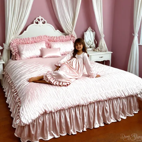 girl on the bed,plump quilted silk satin nightgown, long sleeves only,ruffle sleeve,fingerless children's mittens, bed with pile of silk satin pillows,Sissy Canopy Bed,king size bed,Bigger bed,Lots of Frilled Pillows,More pillows, plump quilted silk satin ...