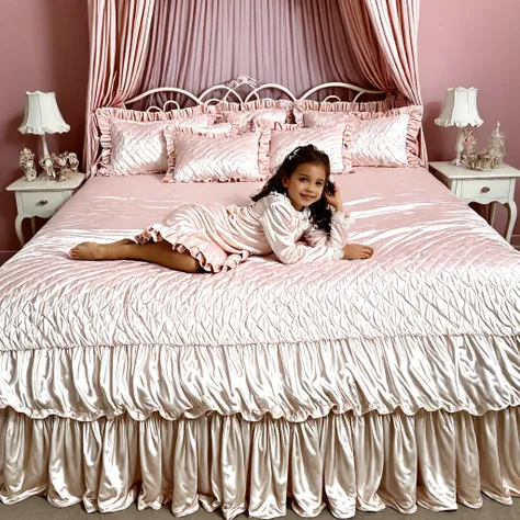 girl on the bed,plump quilted silk satin nightgown, long sleeves only,ruffle sleeve,fingerless children's mittens, bed with pile of silk satin pillows,Sissy Canopy Bed,king size bed,Bigger bed,Lots of Frilled Pillows,More pillows, plump quilted silk satin ...