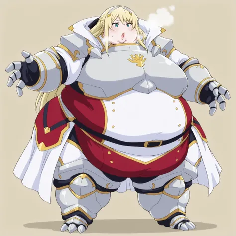 hildegardminaslestia, armor, blonde hair
addmicrodetails,, breasts, fat, chubby, obese, fat neck, multiple chins, big breasts open mouth, out of breath, Larger female, full body shot, only head, large head, oversized limbs, large hands, large feet, oversi...