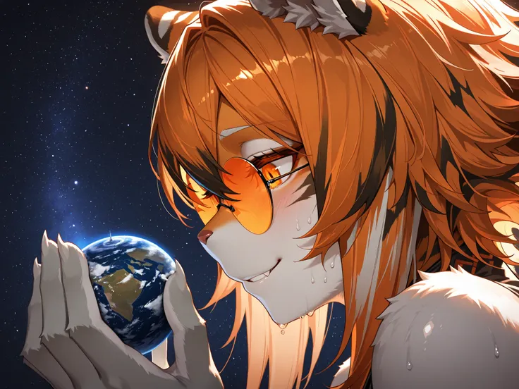 waaifu_arknights, (masterpiece, Highest quality, Ultra-high resolution), Glossiness, shiny, sweat, steamy,  furry female, tiger ears, orange hair, tiger girl, short hair, multicolored fur, tiger tail, orange-tinted eyewear,  cool backlight, macro, giantess...