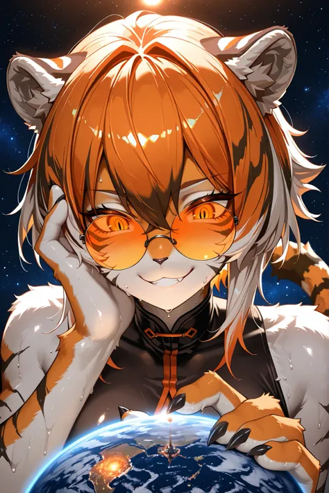 waaifu_arknights, (masterpiece, Highest quality, Ultra-high resolution), Glossiness, shiny, sweat, steamy, furry female, tiger ears, orange hair, tiger girl, short hair, multicolored fur, tiger tail, orange-tinted eyewear, cool backlight, macro, giantess...