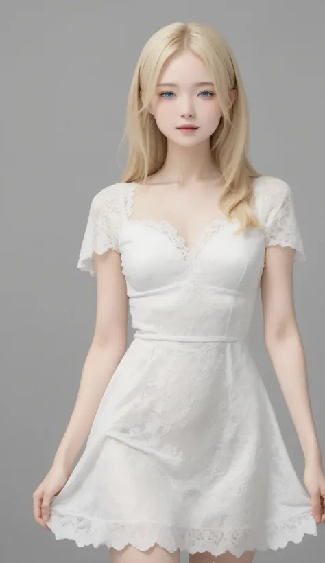 (masterpiece, top quality:1.2), 1girl, solo、white lace dress、blonde、long hair, blue eyes、grey background、