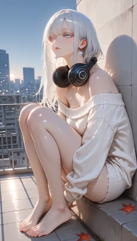 RAW Picture , Picture , Realistic, 8k, 超details, details, Dramatic light, detailsな肌, character border depth, sparkling、Sparkling、Shadows 、Backlighting、From the side, hide one eye with maple leaves, white eyelash、gray hair、 beautiful eyes, symbol of outwar...