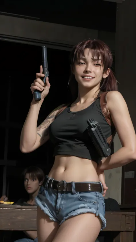 masterpiece, best quality, very aesthetic, movie quality, depth of field,soft saturation, focused subject, anime screenshot, anime coloring,official style, Revy main outfit, Revy (character), 1girl, solo shoulder holster, revy (black lagoon), burgundy hair...