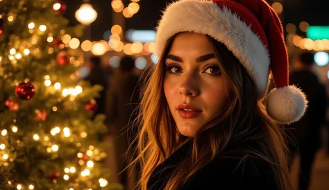 christmas lights, black hair with blonde highlights, phtalo green eyes, (RTX) cinematic film shot in 70mm, depth of field, vivid colors, (best quality,ultra-detalhado,Realistic:1.37), (8k, ARTISTIC photography, best quality, masterpiece: 1.2), (realistic, ...