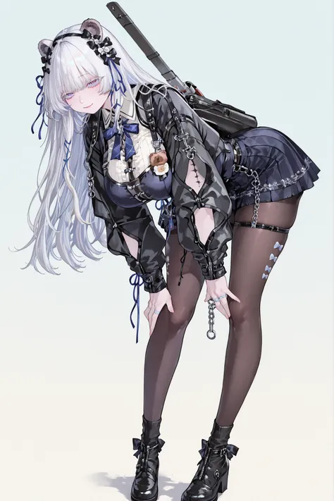 8k wallpaper、 top quality 、masterpiece、bear ears, 748cm スThailandル 、black low sholders school top, woman 1 person、ribbon、 cute school skirt、 cute black oversized puffy sleaves with open sholders 、cute big bow on her back, black school girl unif...