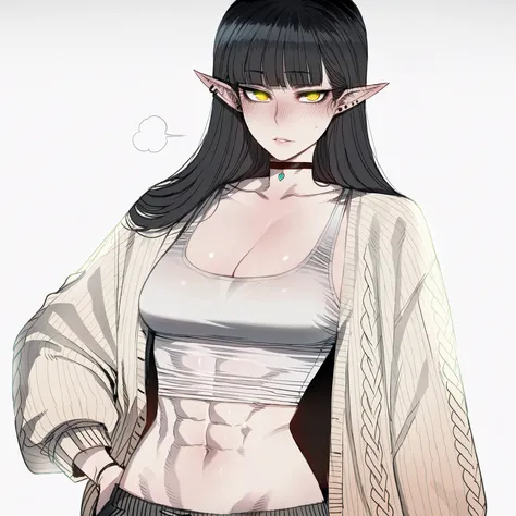 ratatatat74 style, nsfw, sexy anime half-body portrait, Korean idol vibe, mischievous sultry confident expression, hime cut long black hair with blunt blunt bangs, elf ears, glossy lips, sharp confident yellow ringed eyes, glowing flawless skin, cinematic ...