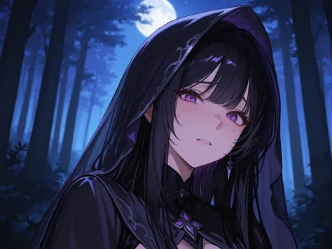 A black-haired woman with long hair, wearing an atmospheric veil around a forest at night, purple eyes, made a worried look.