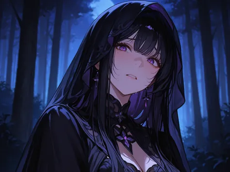 A black-haired woman with long hair, wearing an atmospheric veil around a forest at night, purple eyes, made a worried look.