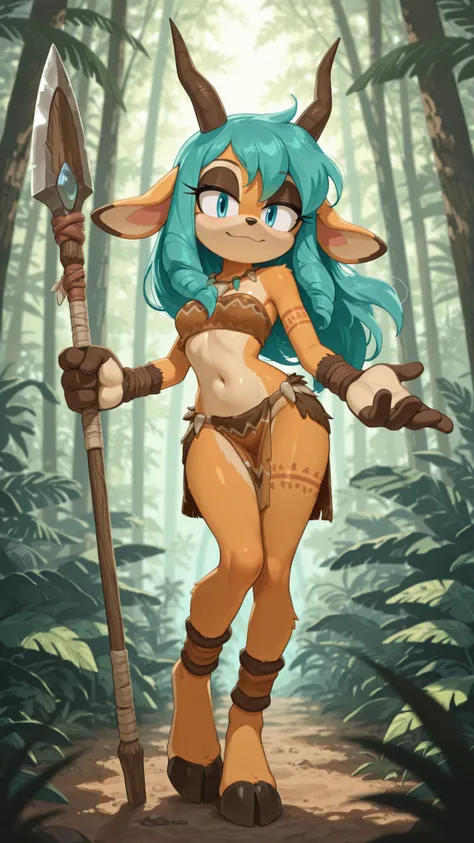 masterpiece, best quality, amazing quality, very aesthetic, high resolution, ultra-detailed, absurdres, newest, scenery, furry, anthro, sonic \(series\), {1girl, solo, furry girl, gazelle, gazelle ears, gazelle horns, cyan eyes, cyan hair, messy spiky bang...