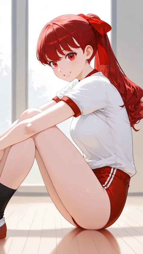 1 girl,Kasumi Yoshizawa,(((from side:1.5))),catch light:1.5,soft iris grow:1.3,narrowed eyes:1,black middle socks,masterpiece,full shot of,long shot with low top of head,beautiful red gradation eyes,Seen diagonally from the front,Soft Colors,((happy smile:...