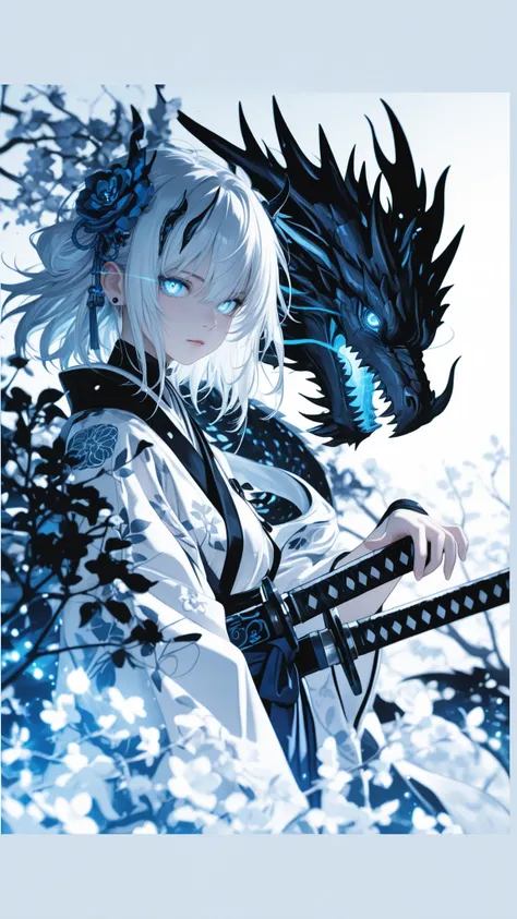 A striking anime-style illustration features a young woman with long, flowing white hair and piercing blue, glowing eyes, her gaze directed slightly to the left. She wears a white and black traditional Japanese-inspired outfit, possibly a kimono or hakama,...