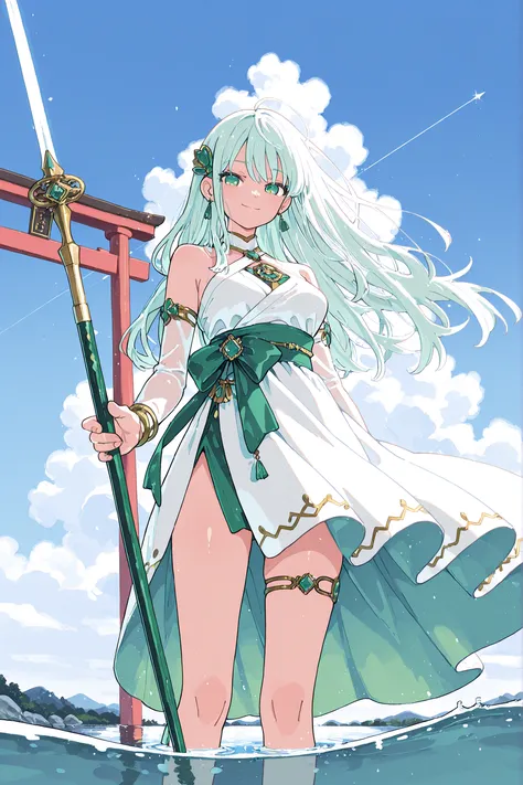  high quality anime style 、No paper quality、8K full-body composition。
Background、The blue surface of the lake spreads out、to the back of the lake The vermilion torii gate looks big Scenery of Lake Biwa。
and light haze drifts around the torii gate、The sky i...