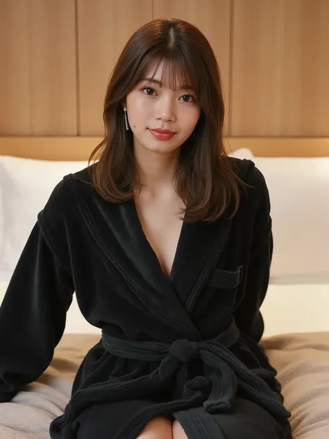 Luxury Hotel Room,Wear a black bathrobe,medium chest,Beautiful Lips,charming eyes,sit in bed,4K,8K,High Quality,High Resolution,Realistic,Photorealistic,HDR,UHD,studio lighting,extreme details,professional,Vivid Colors,bokeh background